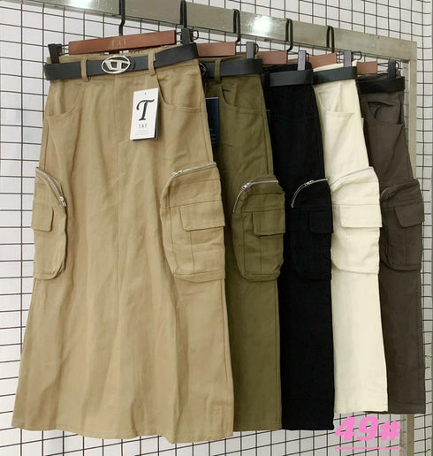 Casual A-Line Mid-Length Solid Color Pocket Cargo Skirts